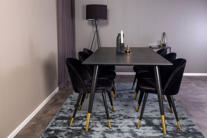 Venture Home Dipp Dining Table - 180*90cm - Black Veneer / black legs w brass dipp - Velvet Dining Chair Brass - Black / Black 6