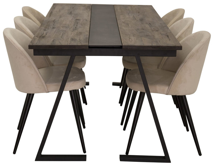 Venture Home Jakarta Matbord - Svart / mörk Teak - 200*90*H75+Velvet Matstol - Svart / Créme