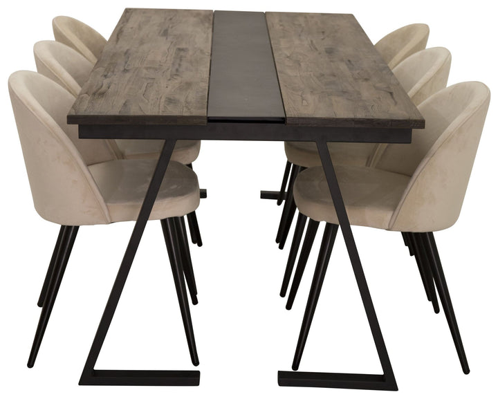 Venture Home Jakarta Matbord - Svart / mörk Teak - 200*90*H75+Velvet Matstol - Svart / Créme