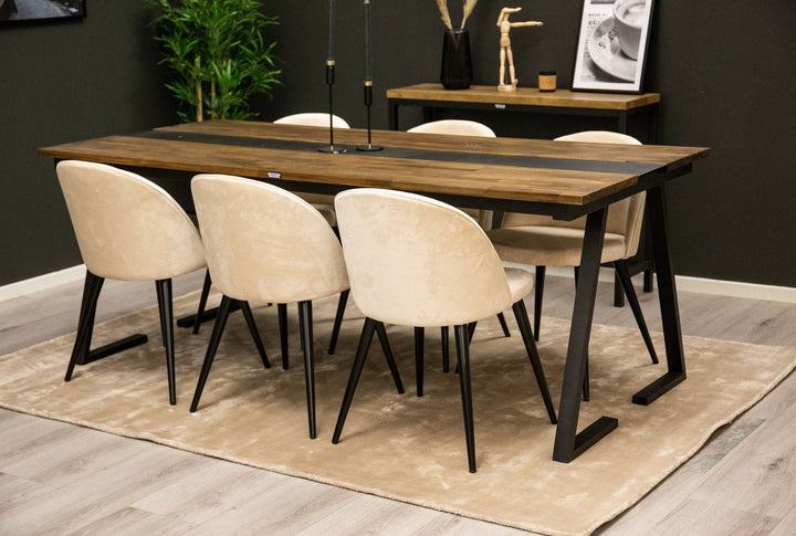 Venture Home Jakarta Matbord - Svart / mörk Teak - 200*90*H75+Velvet Matstol - Svart / Créme