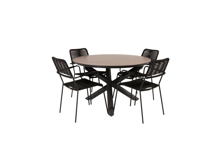 Venture Home Llama Round Dining Table 140 - Black Alu / Brown HPL+Lindos Armchair - Black Alu / Black Rope_4