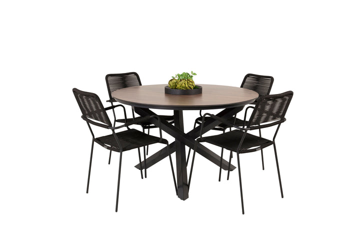 Venture Home Llama Round Dining Table 140 - Black Alu / Brown HPL+Lindos Armchair - Black Alu / Black Rope_4