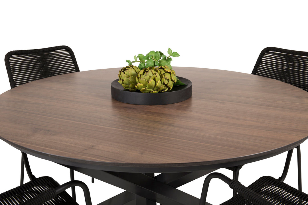 Venture Home Llama Round Dining Table 140 - Black Alu / Brown HPL+Lindos Armchair - Black Alu / Black Rope_4