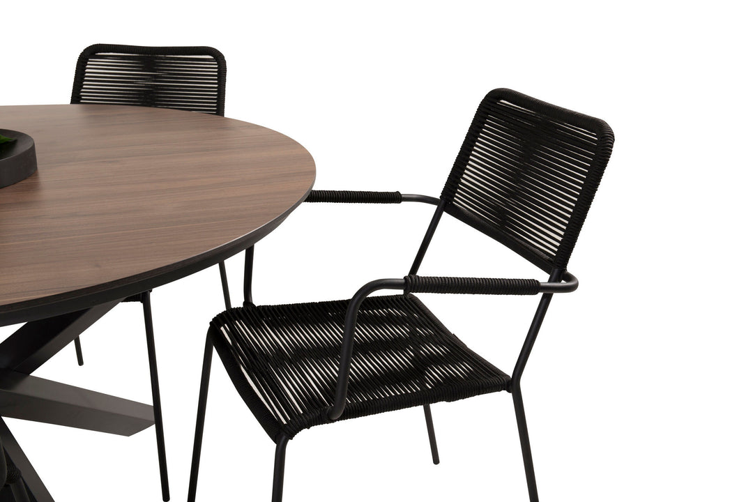 Venture Home Llama Round Dining Table 140 - Black Alu / Brown HPL+Lindos Armchair - Black Alu / Black Rope_4