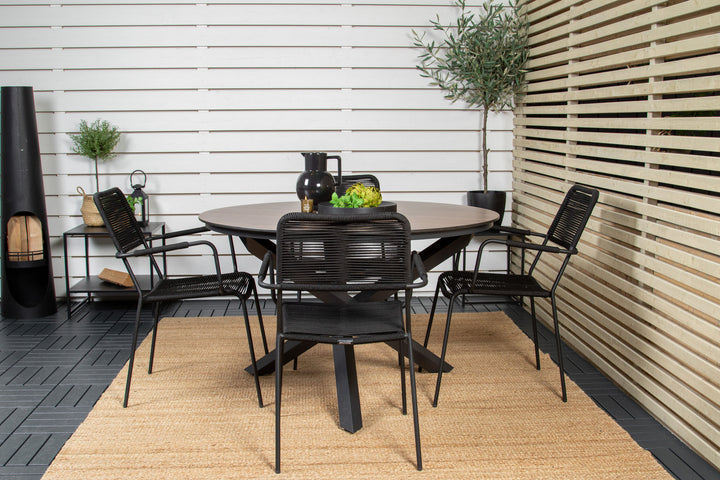 Venture Home Llama Round Dining Table 140 - Black Alu / Brown HPL+Lindos Armchair - Black Alu / Black Rope_4