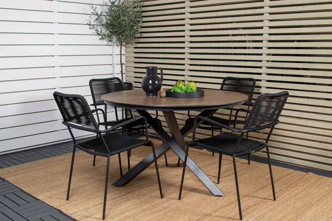 Venture Home Llama Round Dining Table 140 - Black Alu / Brown HPL+Lindos Armchair - Black Alu / Black Rope_4