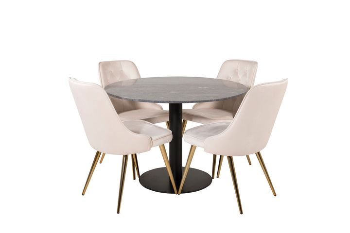 Venture Home Estelle runt Matbord - Svart / Svart marmor - ø106*H75+Velvet Deluxe Dining Chair - Brushed brass leg / Beige Velvet_4