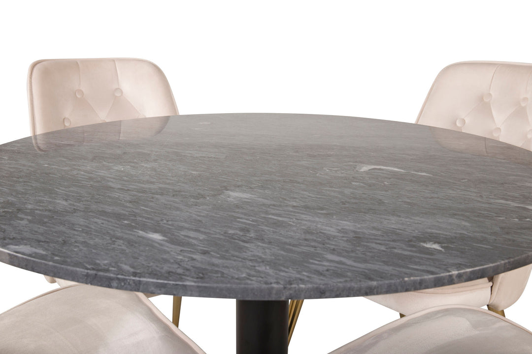 Venture Home Estelle runt Matbord - Svart / Svart marmor - ø106*H75+Velvet Deluxe Dining Chair - Brushed brass leg / Beige Velvet_4