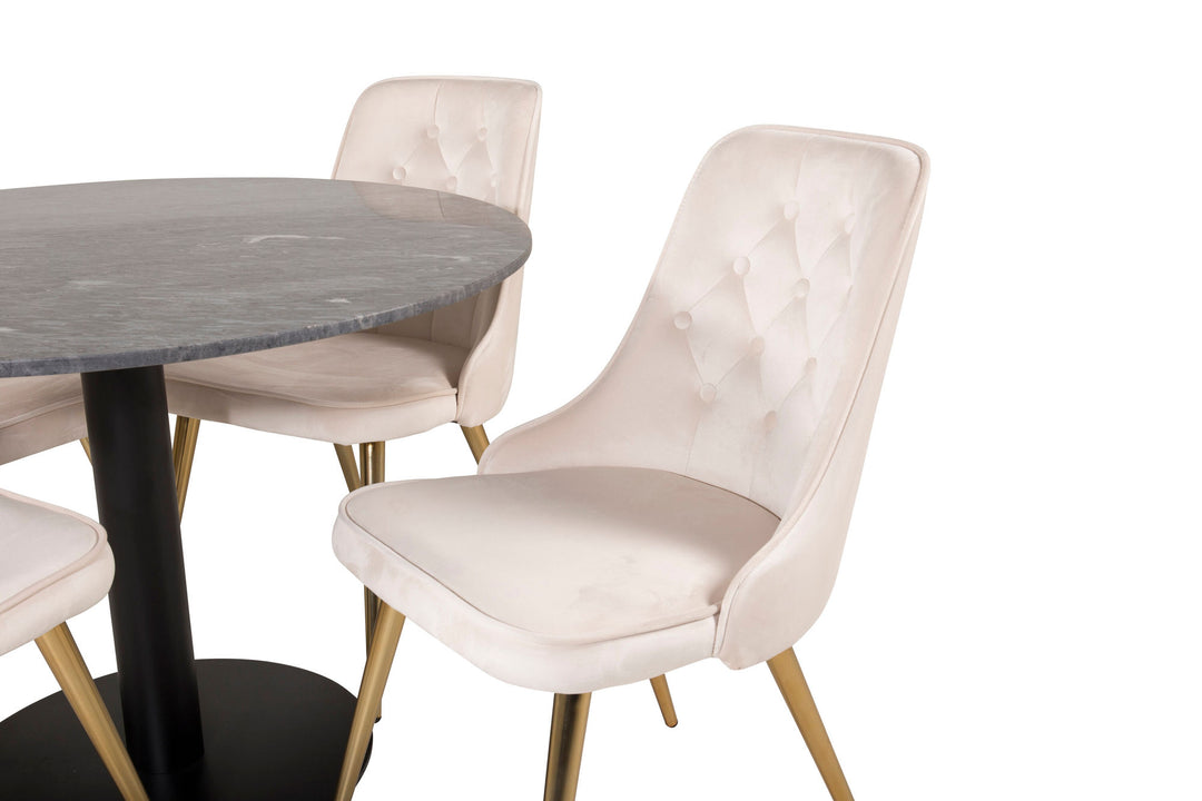 Venture Home Estelle runt Matbord - Svart / Svart marmor - ø106*H75+Velvet Deluxe Dining Chair - Brushed brass leg / Beige Velvet_4