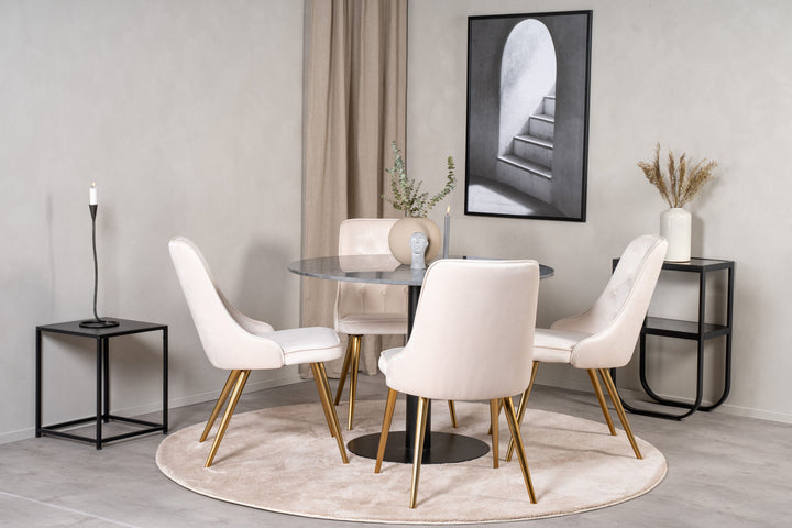Venture Home Estelle runt Matbord - Svart / Svart marmor - ø106*H75+Velvet Deluxe Dining Chair - Brushed brass leg / Beige Velvet_4
