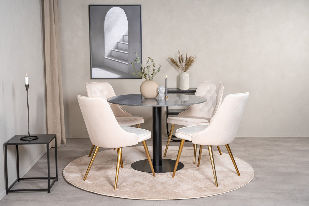 Venture Home Estelle runt Matbord - Svart / Svart marmor - ø106*H75+Velvet Deluxe Dining Chair - Brushed brass leg / Beige Velvet_4
