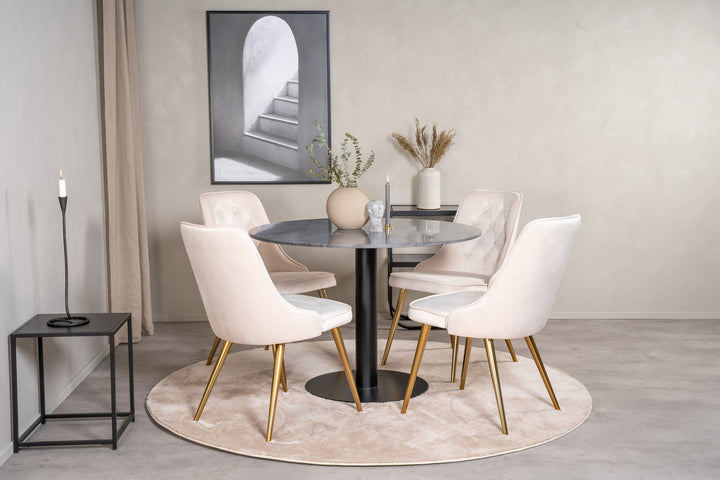 Venture Home Estelle runt Matbord - Svart / Svart marmor - ø106*H75+Velvet Deluxe Dining Chair - Brushed brass leg / Beige Velvet_4
