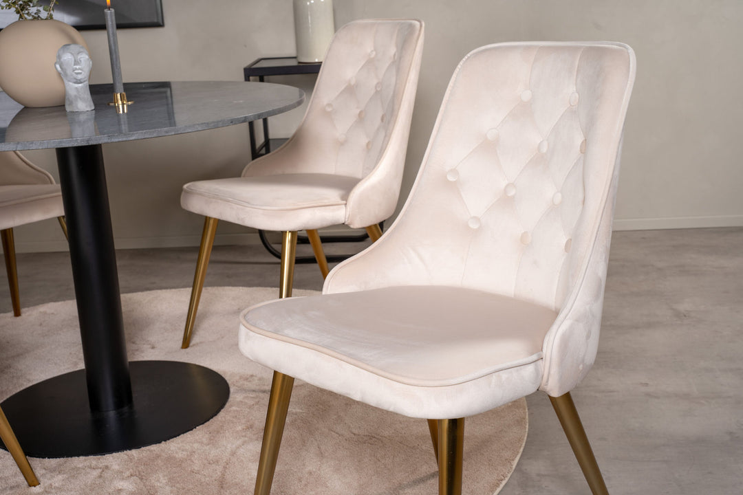 Venture Home Estelle runt Matbord - Svart / Svart marmor - ø106*H75+Velvet Deluxe Dining Chair - Brushed brass leg / Beige Velvet_4