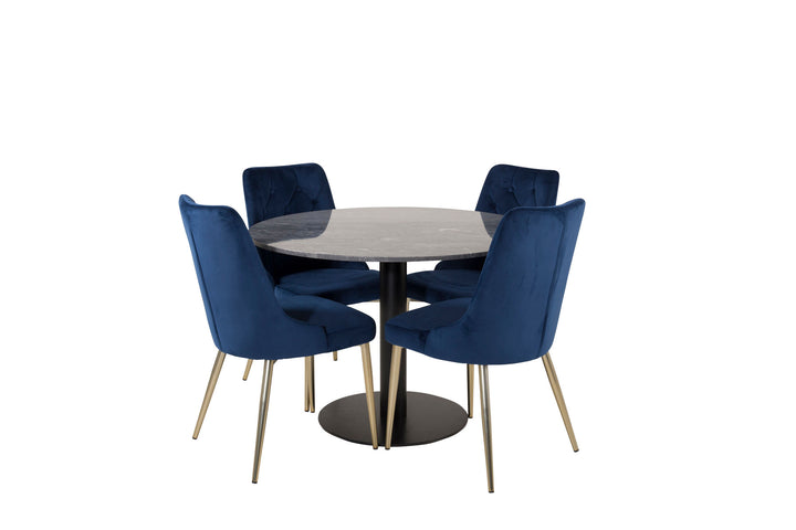 Venture Home Estelle Dining Table round 106cm Grey Marble / Black Legs - Velvet Deluxe Chair - Blue/Matt Brass Leg 4