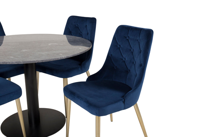 Venture Home Estelle Dining Table round 106cm Grey Marble / Black Legs - Velvet Deluxe Chair - Blue/Matt Brass Leg 4