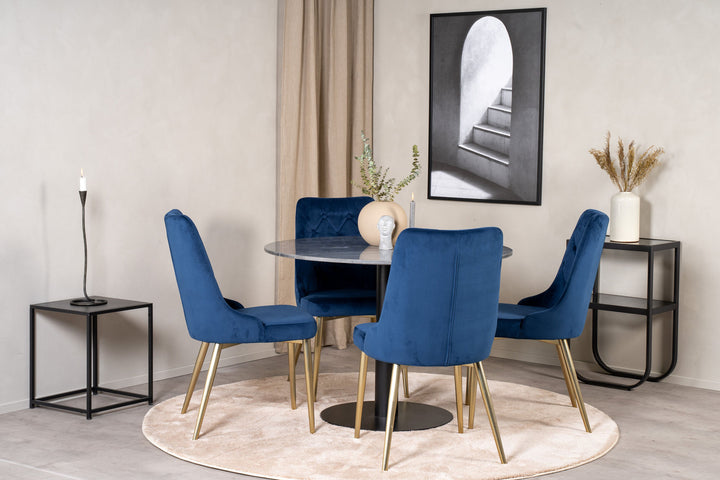 Venture Home Estelle Dining Table round 106cm Grey Marble / Black Legs - Velvet Deluxe Chair - Blue/Matt Brass Leg 4