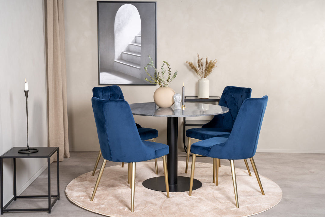 Venture Home Estelle Dining Table round 106cm Grey Marble / Black Legs - Velvet Deluxe Chair - Blue/Matt Brass Leg 4