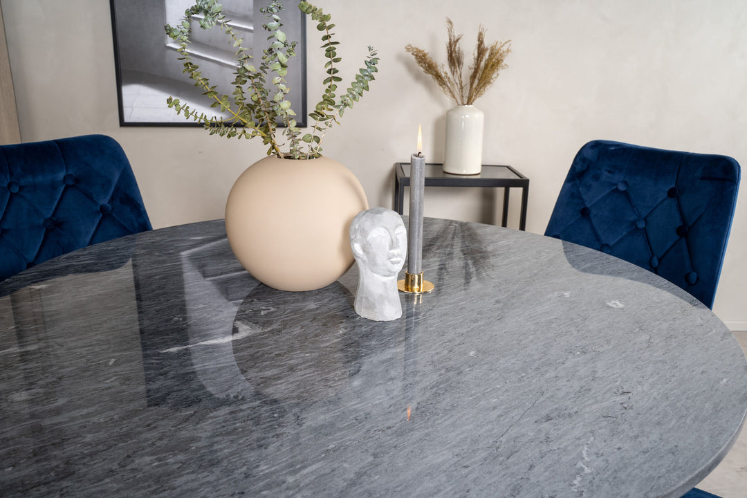 Venture Home Estelle Dining Table round 106cm Grey Marble / Black Legs - Velvet Deluxe Chair - Blue/Matt Brass Leg 4