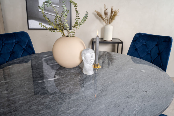 Venture Home Estelle Dining Table round 106cm Grey Marble / Black Legs - Velvet Deluxe Chair - Blue/Matt Brass Leg 4