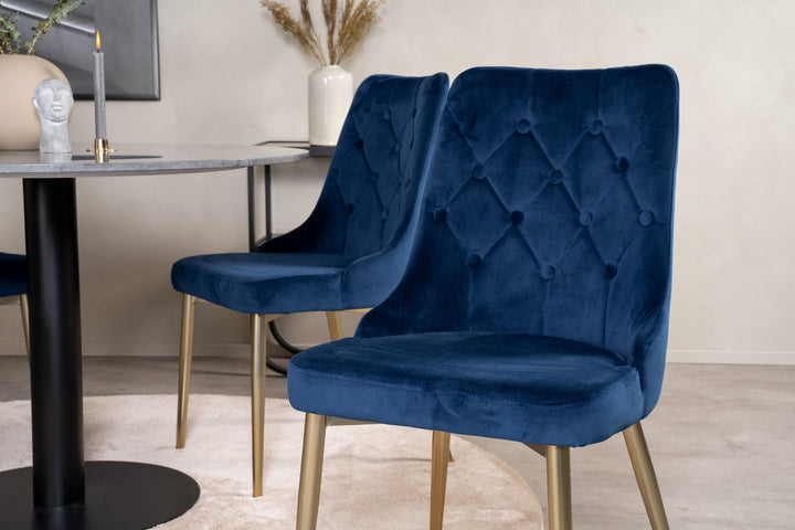 Venture Home Estelle Dining Table round 106cm Grey Marble / Black Legs - Velvet Deluxe Chair - Blue/Matt Brass Leg 4