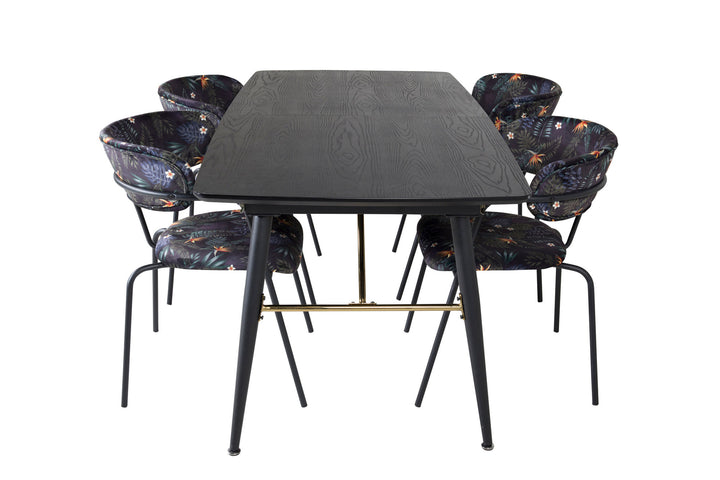 Venture Home Gold Extention table - 180/220*85*H76 Black Veneer - Black legs - Brass details+Arrow armchair - Black Legs - Black Flower printed Fabric_4