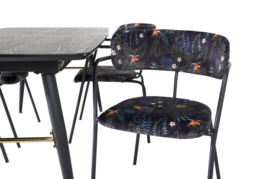 Venture Home Gold Extention table - 180/220*85*H76 Black Veneer - Black legs - Brass details+Arrow armchair - Black Legs - Black Flower printed Fabric_4