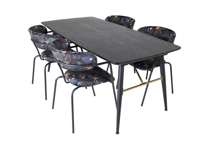 Venture Home Gold Extention table - 180/220*85*H76 Black Veneer - Black legs - Brass details+Arrow armchair - Black Legs - Black Flower printed Fabric_4