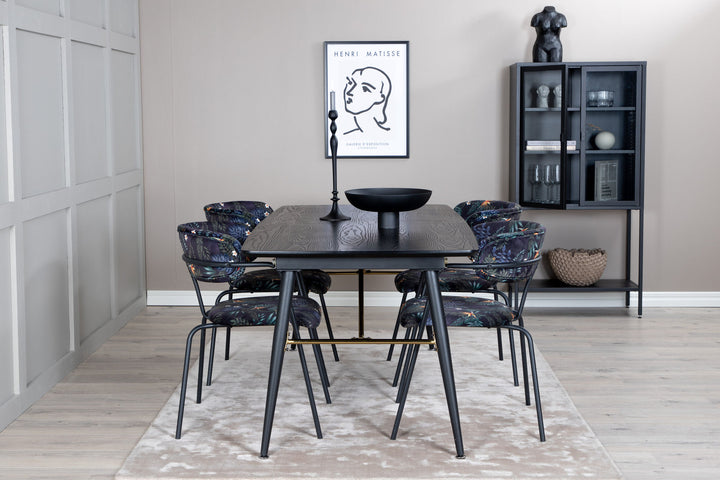 Venture Home Gold Extention table - 180/220*85*H76 Black Veneer - Black legs - Brass details+Arrow armchair - Black Legs - Black Flower printed Fabric_4