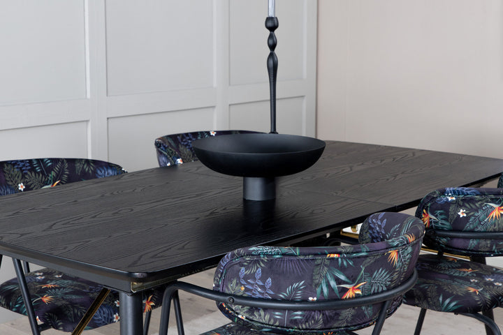 Venture Home Gold Extention table - 180/220*85*H76 Black Veneer - Black legs - Brass details+Arrow armchair - Black Legs - Black Flower printed Fabric_4