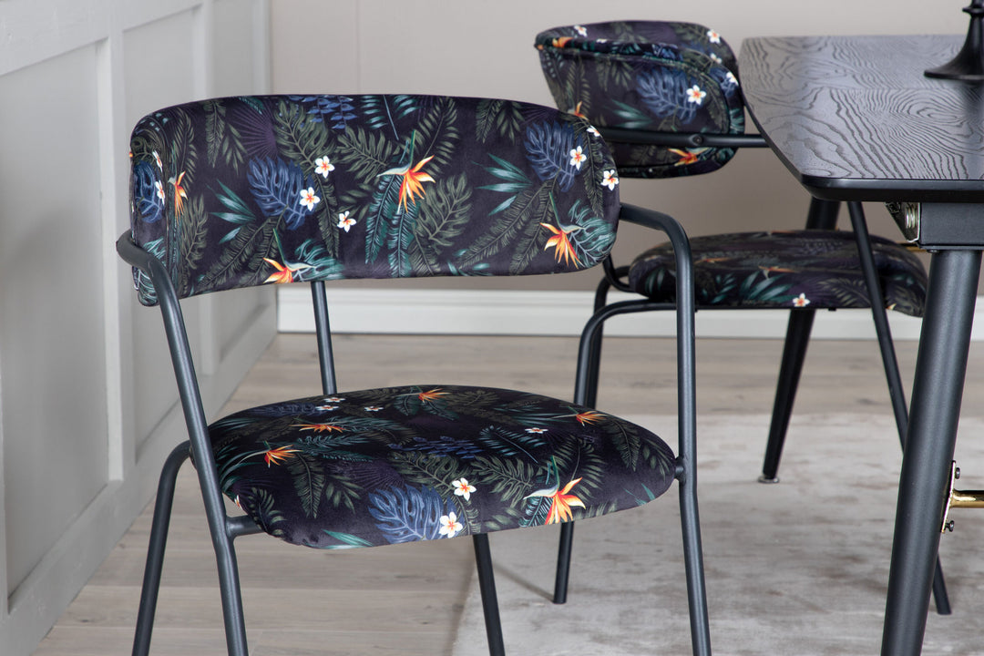 Venture Home Gold Extention table - 180/220*85*H76 Black Veneer - Black legs - Brass details+Arrow armchair - Black Legs - Black Flower printed Fabric_4