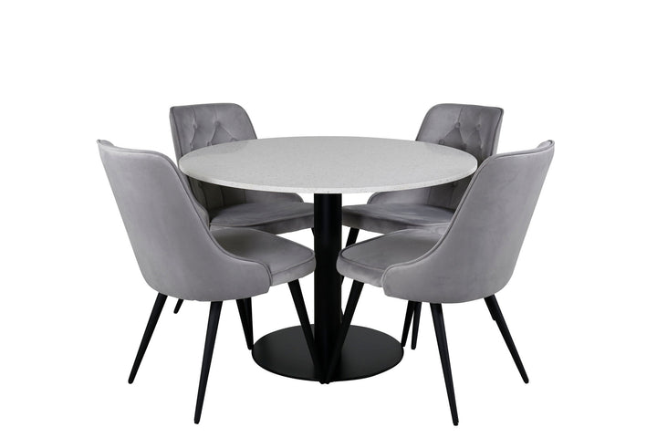 Venture Home Razzia Dining Table 106cm - White Terazzo / Black+Velvet Deluxe Dining Chair - Black legs / Light Grey velvet_4