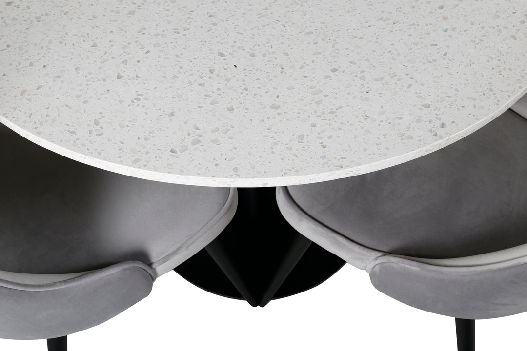 Venture Home Razzia Dining Table 106cm - White Terazzo / Black+Velvet Deluxe Dining Chair - Black legs / Light Grey velvet_4