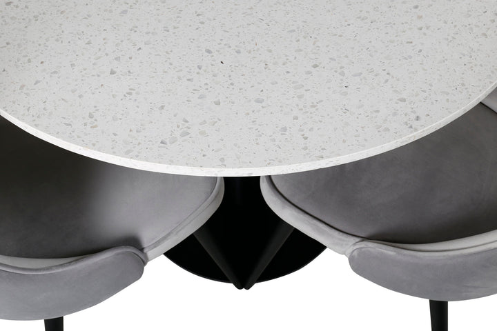 Venture Home Razzia Dining Table 106cm - White Terazzo / Black+Velvet Deluxe Dining Chair - Black legs / Light Grey velvet_4