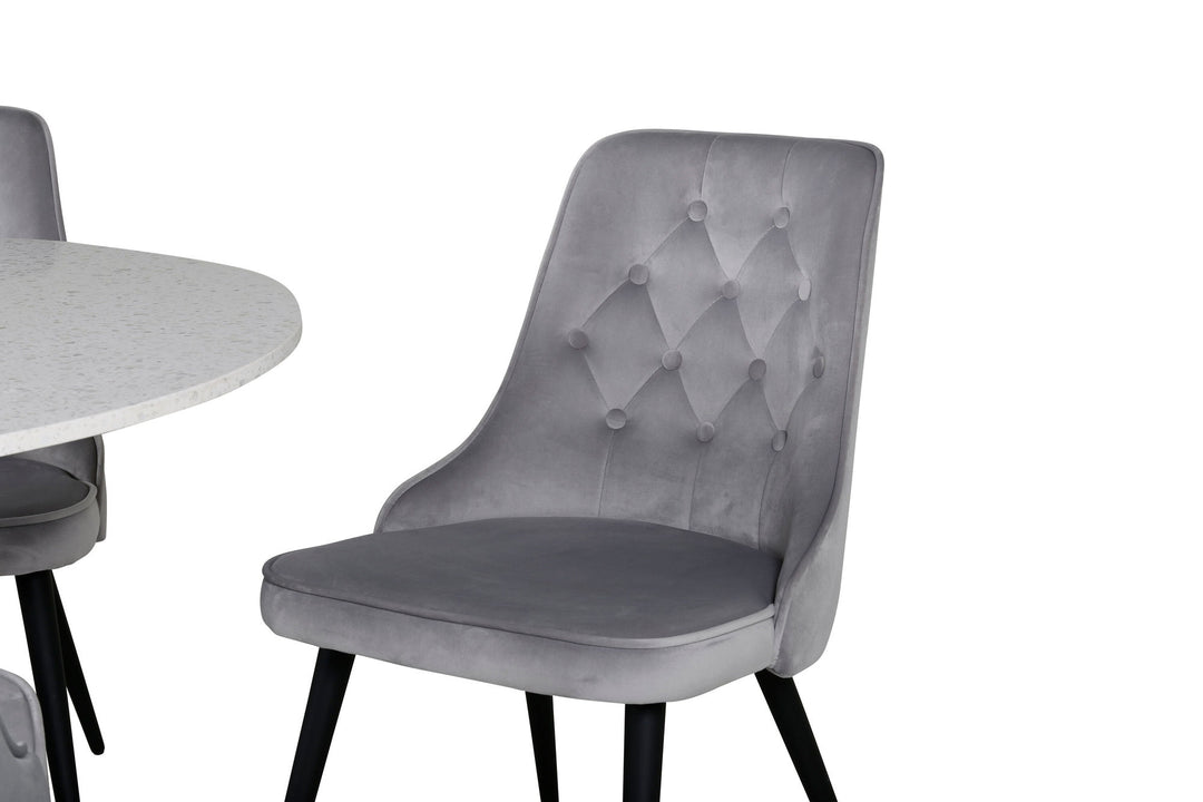 Venture Home Razzia Dining Table 106cm - White Terazzo / Black+Velvet Deluxe Dining Chair - Black legs / Light Grey velvet_4