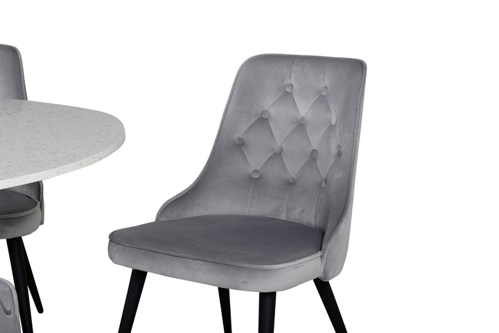Venture Home Razzia Dining Table 106cm - White Terazzo / Black+Velvet Deluxe Dining Chair - Black legs / Light Grey velvet_4