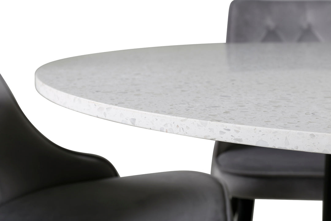 Venture Home Razzia Dining Table 106cm - White Terazzo / Black+Velvet Deluxe Dining Chair - Black legs / Light Grey velvet_4