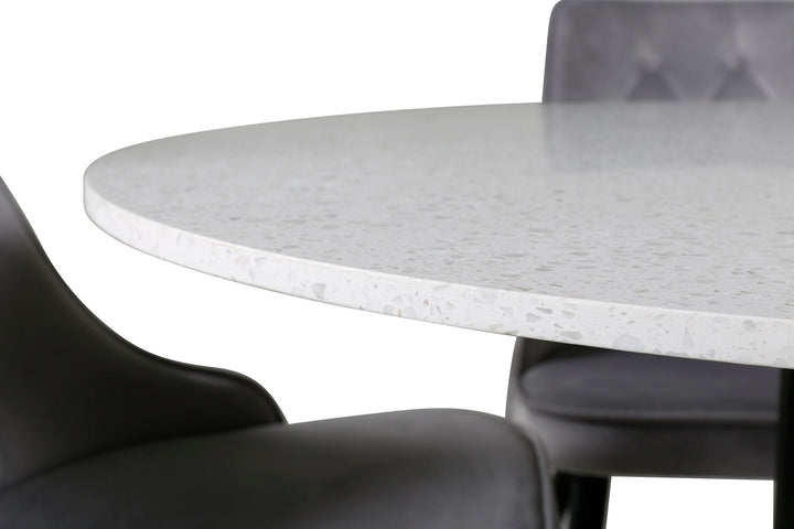 Venture Home Razzia Dining Table 106cm - White Terazzo / Black+Velvet Deluxe Dining Chair - Black legs / Light Grey velvet_4