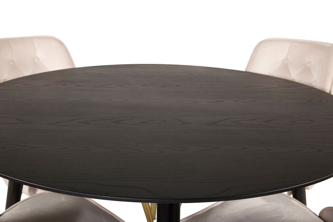 Venture Home Dipp Dining Table - 115cm - Black Veneer / black legs w brass dipp +Velvet Deluxe Dining Chair - Brushed brass leg / Beige Velvet_4