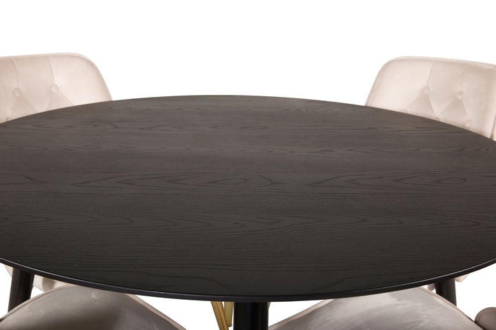 Venture Home Dipp Dining Table - 115cm - Black Veneer / black legs w brass dipp +Velvet Deluxe Dining Chair - Brushed brass leg / Beige Velvet_4