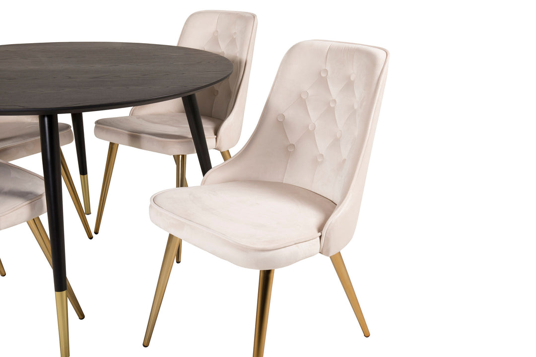 Venture Home Dipp Dining Table - 115cm - Black Veneer / black legs w brass dipp +Velvet Deluxe Dining Chair - Brushed brass leg / Beige Velvet_4