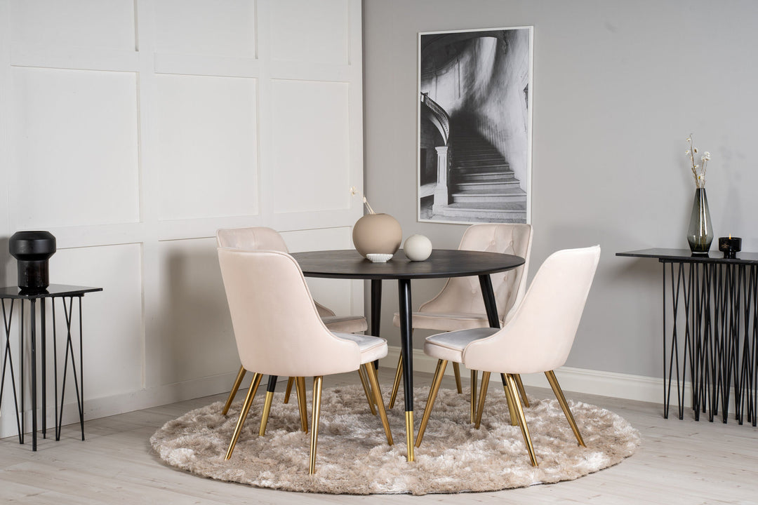 Venture Home Dipp Dining Table - 115cm - Black Veneer / black legs w brass dipp +Velvet Deluxe Dining Chair - Brushed brass leg / Beige Velvet_4