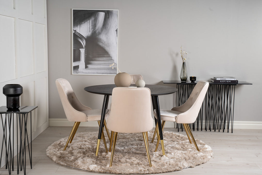 Venture Home Dipp Dining Table - 115cm - Black Veneer / black legs w brass dipp +Velvet Deluxe Dining Chair - Brushed brass leg / Beige Velvet_4