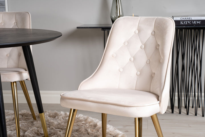 Venture Home Dipp Dining Table - 115cm - Black Veneer / black legs w brass dipp +Velvet Deluxe Dining Chair - Brushed brass leg / Beige Velvet_4