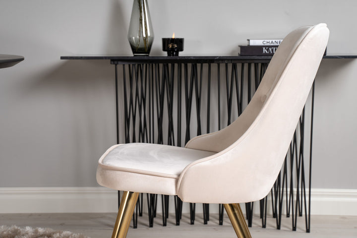 Venture Home Dipp Dining Table - 115cm - Black Veneer / black legs w brass dipp +Velvet Deluxe Dining Chair - Brushed brass leg / Beige Velvet_4