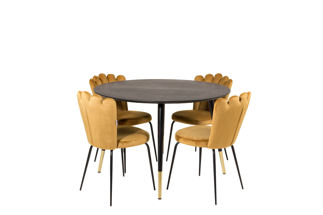 Venture Home Dipp Dining Table - 115cm - Black Veneer / black legs w brass dipp +Limhamn Light - Chair - Gold Velvet_4
