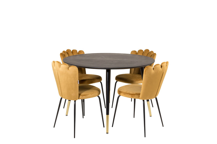 Venture Home Dipp Dining Table - 115cm - Black Veneer / black legs w brass dipp +Limhamn Light - Chair - Gold Velvet_4