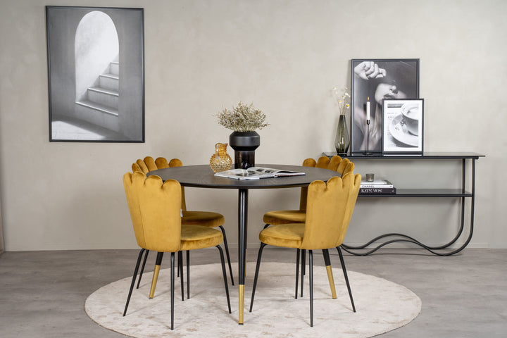 Venture Home Dipp Dining Table - 115cm - Black Veneer / black legs w brass dipp +Limhamn Light - Chair - Gold Velvet_4