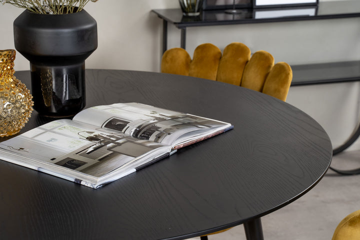Venture Home Dipp Dining Table - 115cm - Black Veneer / black legs w brass dipp +Limhamn Light - Chair - Gold Velvet_4