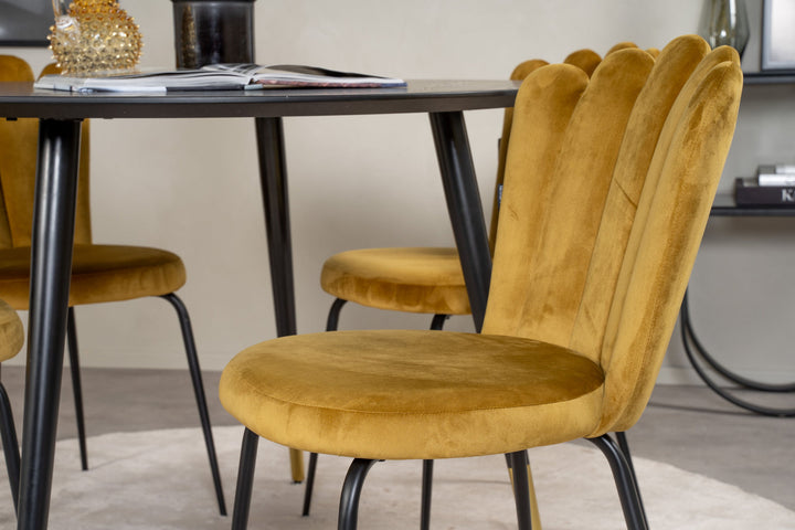 Venture Home Dipp Dining Table - 115cm - Black Veneer / black legs w brass dipp +Limhamn Light - Chair - Gold Velvet_4