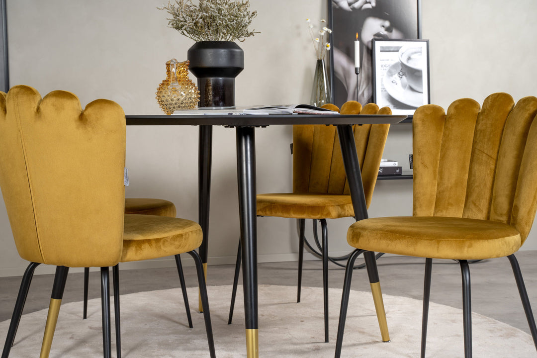 Venture Home Dipp Dining Table - 115cm - Black Veneer / black legs w brass dipp +Limhamn Light - Chair - Gold Velvet_4